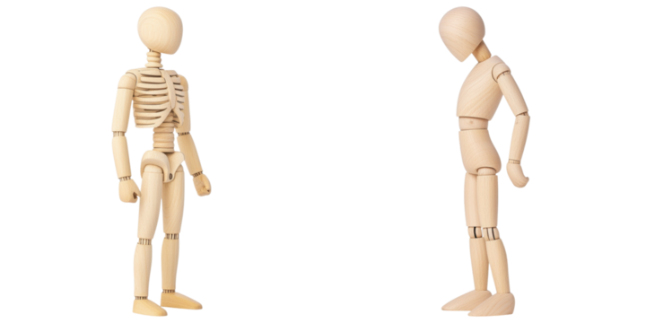 wooden mannequin with movable joints poses in creative display