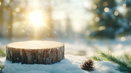 Fototapeta premium Winter wonderland scene with tree stump display, pine cone, and snow-covered forest background, ideal for product showcasing or holiday greeting cards