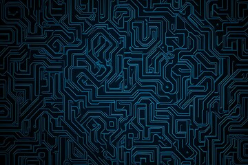 Abstract close-up of a glowing blue digital circuit board, showcasing intricate connections and technological design on a black background.
