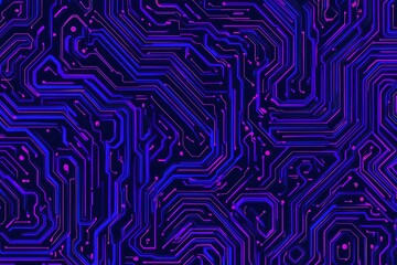 Abstract close-up of a glowing blue digital circuit board, showcasing intricate connections and technological design on a black background.
