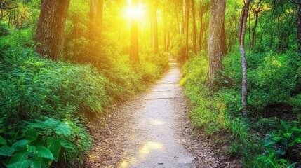 Obraz premium A scenic hiking trail through Koh Samet's tropical forest, with sunlight streaming through the trees.