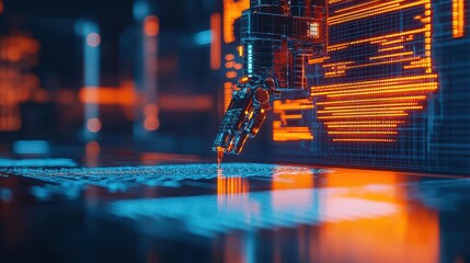 Futuristic Robotic Hand Interacting with Digital Data Overlay in High-Tech Environment