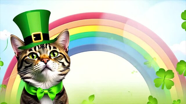 Funny cat wearing a green leprechaun hat and bowtie against a rainbow background with shamrocks.  St. Patrick's Day, festive cat, lucky charm, Irish holiday
