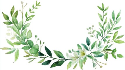 green watercolour floral circular frame with leaves and flowers isolated on white background