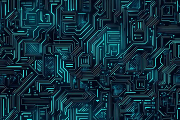 Abstract close-up of a glowing blue digital circuit board, showcasing intricate connections and technological design on a black background.
