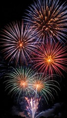Vibrant fireworks exploding against a dark night sky.