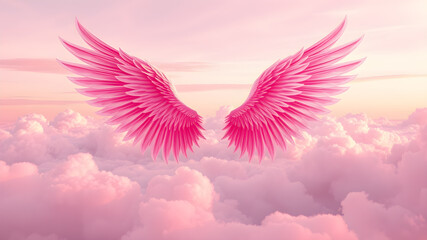 Obraz premium Pink angel wings illustration background on pink cloudy sky, Generative AI