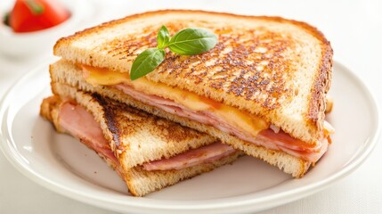 grilled ham tomato and cheese sandwich on plate on a white background