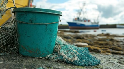 Naklejka premium A sea bucket resting beside a fishing net, with distant boats visible in the background.