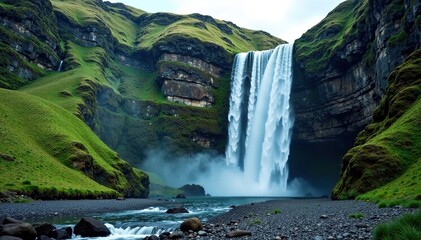 Naklejka premium A waterfall cascades down a rocky cliff in a mountainous terrain, cliffs, geological features, nature