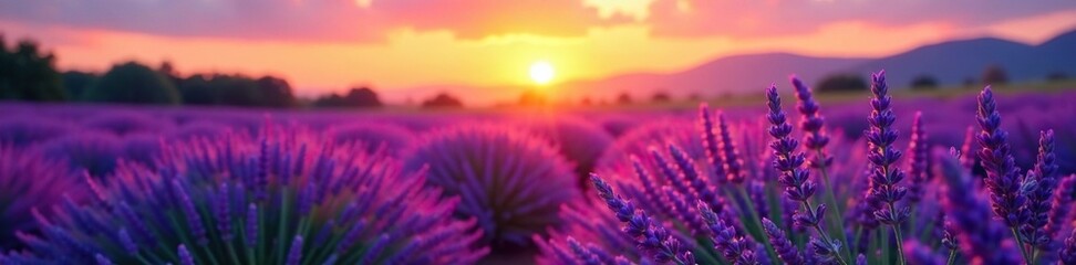 Aromatic lavender field with purple hue at sunset, purple, sunset, bokeh