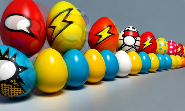 Vibrant Easter eggs in a comic book style with speech bubbles with copy space for text. Mockup copyspace. Retro vintage style