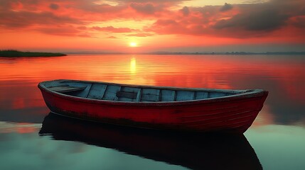 Red rowboat on calm lake at sunset.