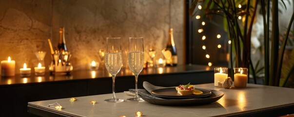Elegant double exposure blending champagne flutes with elegant wedding decorations for a glamorous wedding reception. MZ