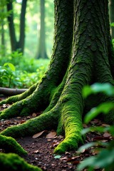 Thick trunk and gnarled roots in forest floor green moss, greenery, tropical forest