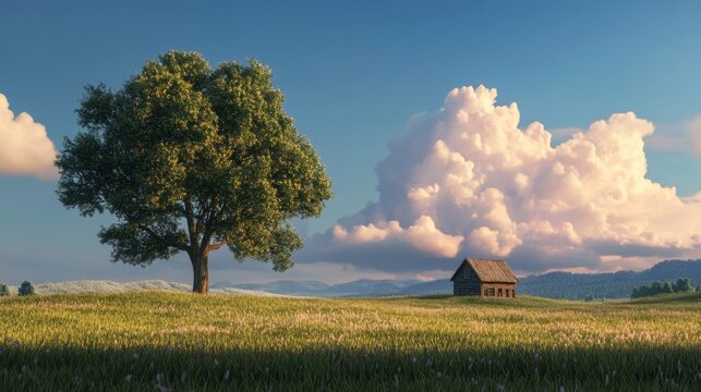 Serene rural landscape lone tree, small house, grassy field, and dramatic sky.