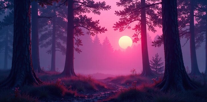 Twilight atmosphere in a zirben forest with soft pink hues, serene, pink
