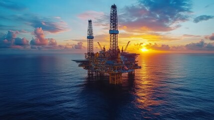 Obraz premium Offshore oil rig at sunset, showcasing energy production in marine environments.