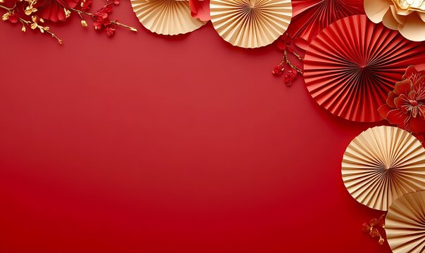 Decorative arrangement of red paper fans and cherry blossoms on a textured background
