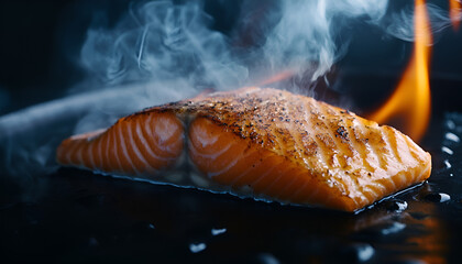 Grilled salmon steak on the flaming grill
