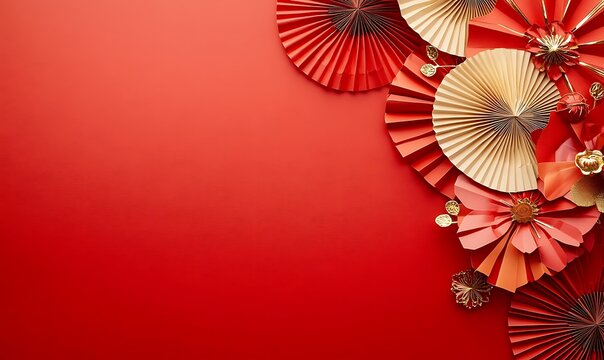 Decorative arrangement of red paper fans and cherry blossoms on a textured background
