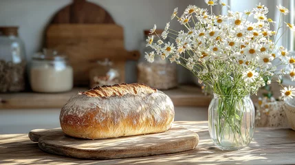 Fototapeten Fresh bread on wooden board with flowers in jar, creating cozy atmosphere © Neural Canvas