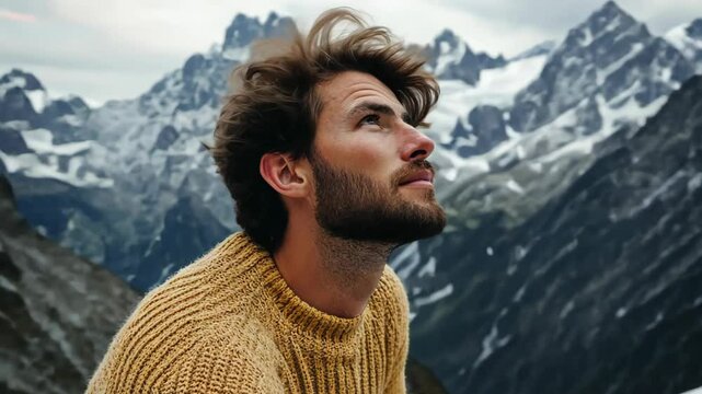 traveler man with breathtaking winter snow mountain view 