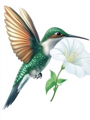 Obraz premium A colorful hummingbird hovering near a white flower, showcasing nature's beauty.