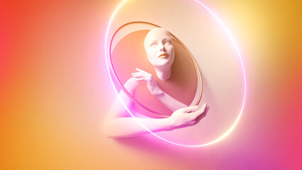 3d render, abstract minimalist fashion concept. Feminine mannequin inside the glowing round frame. Bald female head and hands gesture. Geometric background