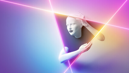 3d render, abstract minimalist fashion concept. Feminine mannequin inside the glowing triangular frame. Bald female head and hands gesture. Geometric background