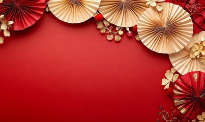 Decorative arrangement of red paper fans and cherry blossoms on a textured background
