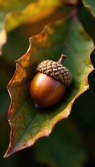 Earthy acorn nestled in the leaf's curved fold, organic, fall colors