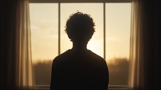 Silhouetted child looking out window at sunset. - Powered by Adobe