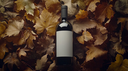 bottle of wine with blank label on autumn leaves, perfect for customization