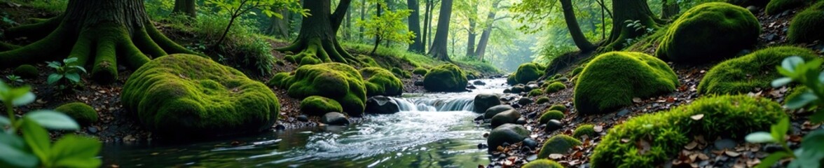 Forest surroundings meet a mountain stream's gentle flow, mountain, stream, undergrowth