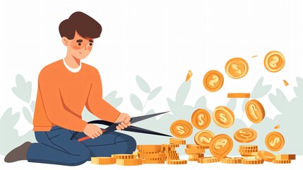 Financial Efficiency: Businessman Cutting Coin with Scissors for Money Management