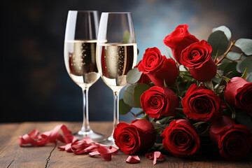 Valentines day table setting red roses and champagne glasses on concrete background. Valentine's greeting card - Image.   