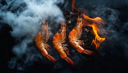 Shrimps pieces above burning fire grill grid, isolated on black backround. Barbecue and grill concept