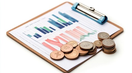 A business chart on a clipboard with coins, corporate finance theme, isometric design, isolated on white background