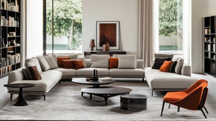 Modern sectional sofa in spacious living room with large windows, coffee tables, and armchairs.