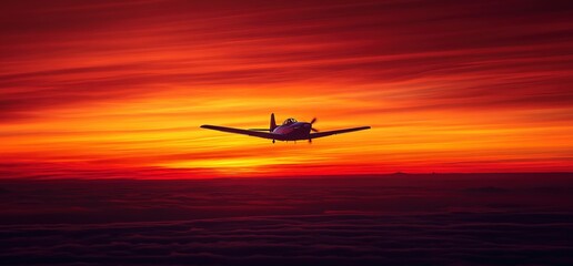 Obraz premium Silhouetted airplane flying against a vibrant orange and red sunset sky
