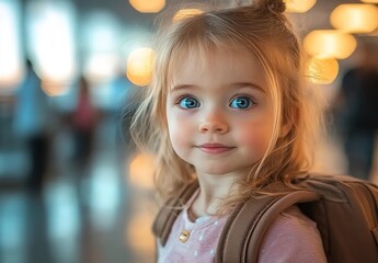 Fototapeta premium Portrait of a cute little girl with a backpack at the airport, with sunset light and bokeh