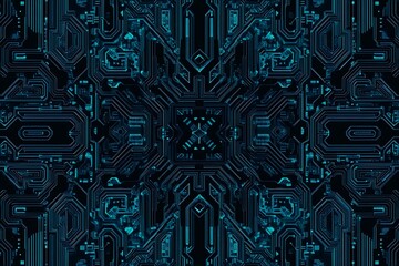 Abstract close-up of a glowing blue digital circuit board, showcasing intricate connections and technological design on a black background.
