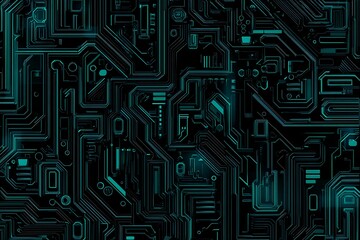 Abstract close-up of a glowing blue digital circuit board, showcasing intricate connections and technological design on a black background.
