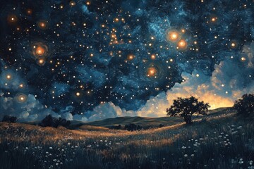 Serene Night Sky Over Grassland With Glowing Lights