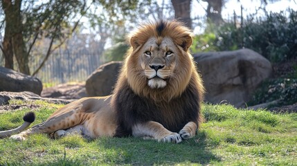 Obraz premium A majestic lion resting on green grass in a natural setting.