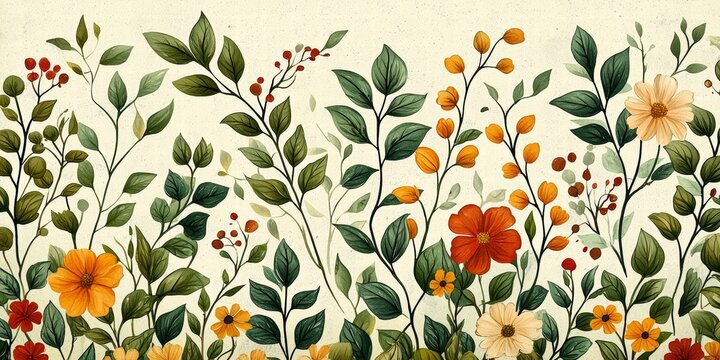 Rustic Botanical Design Featuring Leaves, Flowers, and Branches in Earthy Hues
