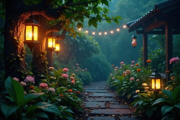 Fototapeta premium Overgrown garden with glowing lanterns and vines, garden, lantern