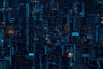 Abstract close-up of a glowing blue digital circuit board, showcasing intricate connections and technological design on a black background.
