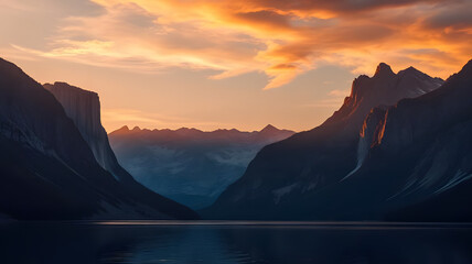 a majestic mountains during sunrise, featuring a calm lake in the foreground